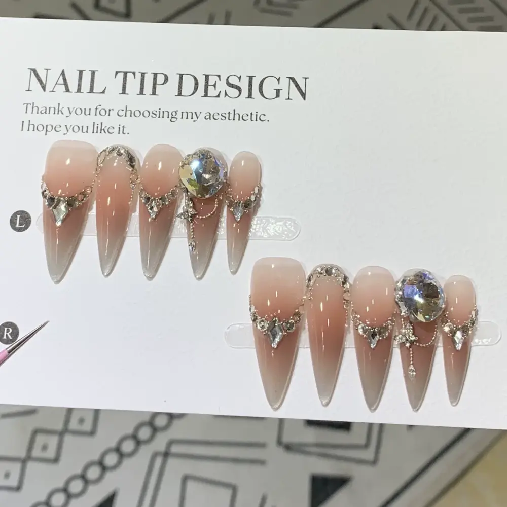 10Pcs✨ Crystal Veil – Luxury Almond Press-On Nails | Handmade Nude Cat-Eye with Silver Rhinestone Accents, Reusable Elegant Set ✨ - Image 4