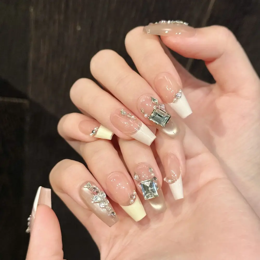 10pcs ✨ Crystal Elegance – Handmade Medium Coffin Press-On Nails | Pink & Yellow French Tips with Glitter Rhinestones, Luxury Party Set ✨ - Image 4