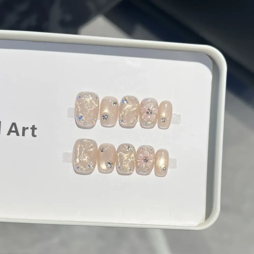 10Pcs ✨ Pearl Ballet – Luxury Short Press-On Nails | Handmade Nude Cat-Eye with Quilted & Rhinestone Accents, Reusable Elegant Set ✨ - Image 6