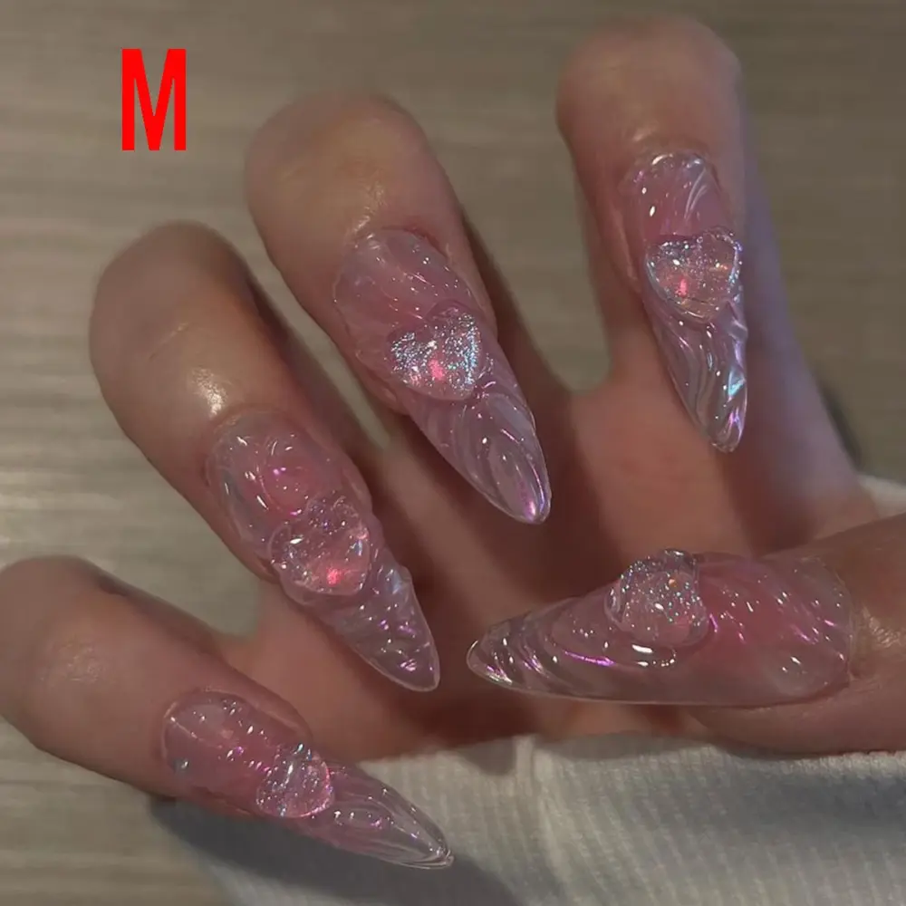 10PCS ✨ Rosé Allure – Luxury Stiletto Press-On Nails | Handmade Pink Floral 3D Embellished Long Reusable Acrylic Tips ✨ - Image 9