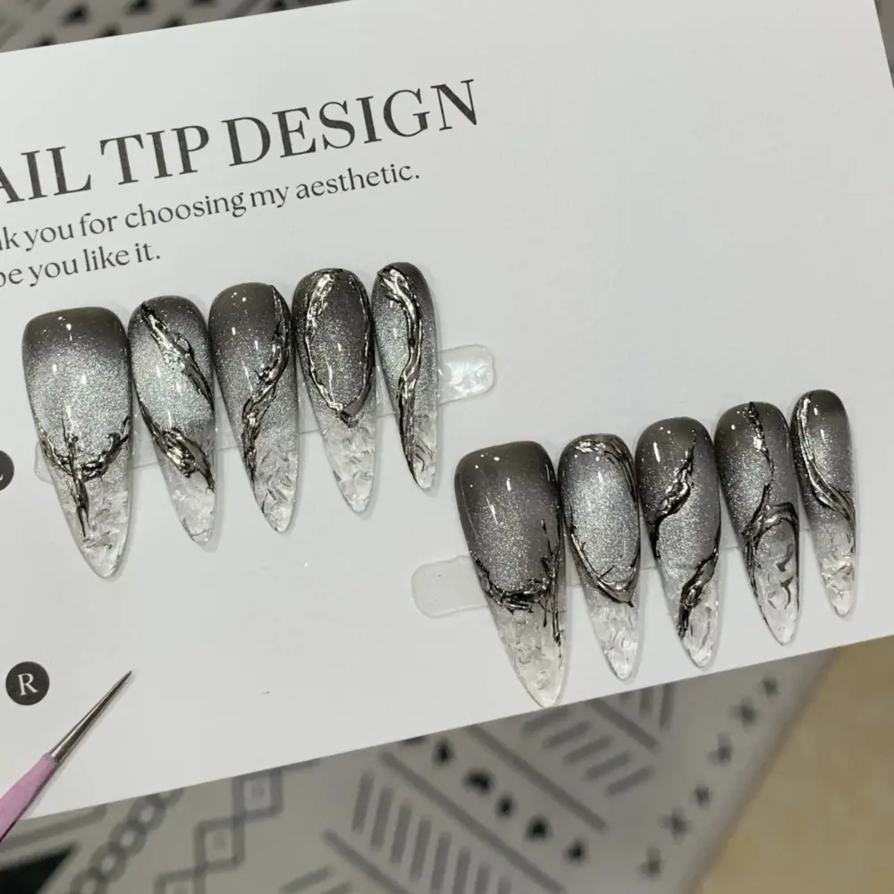 10Pcs✨ Crystal Veil – Luxury Almond Press-On Nails | Handmade Nude Cat-Eye with Silver Rhinestone Accents, Reusable Elegant Set ✨ - Image 10