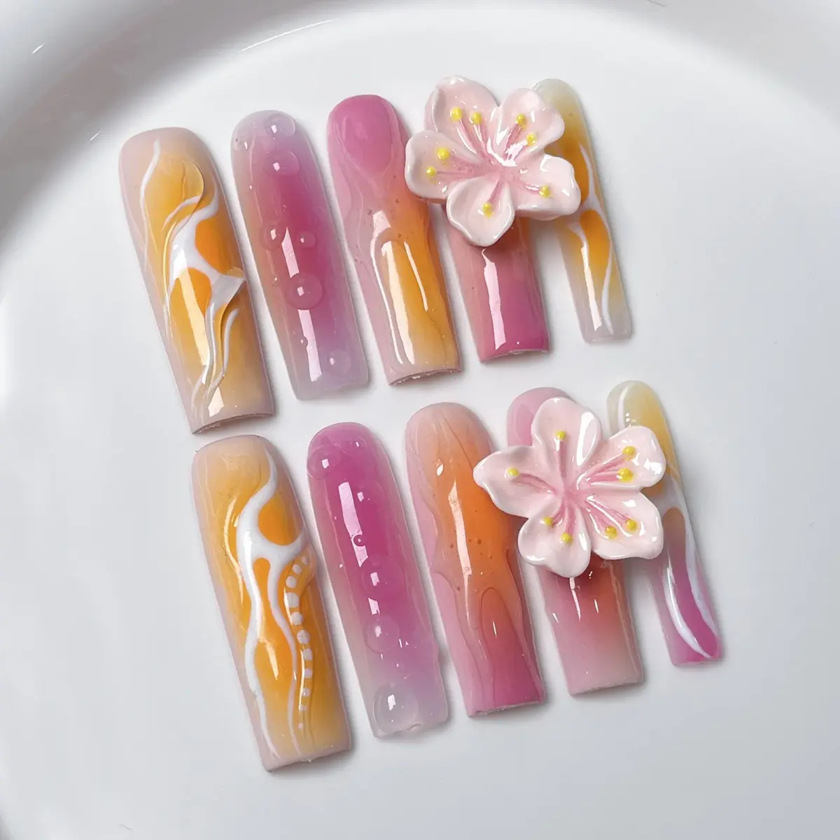 10pcs✨ Sunset Bloom  – Luxury Coffin Press-On Nails | Handmade Gradient Pink & Yellow with 3D Floral Accents, Long Reusable Acrylic Set ✨ - Image 8