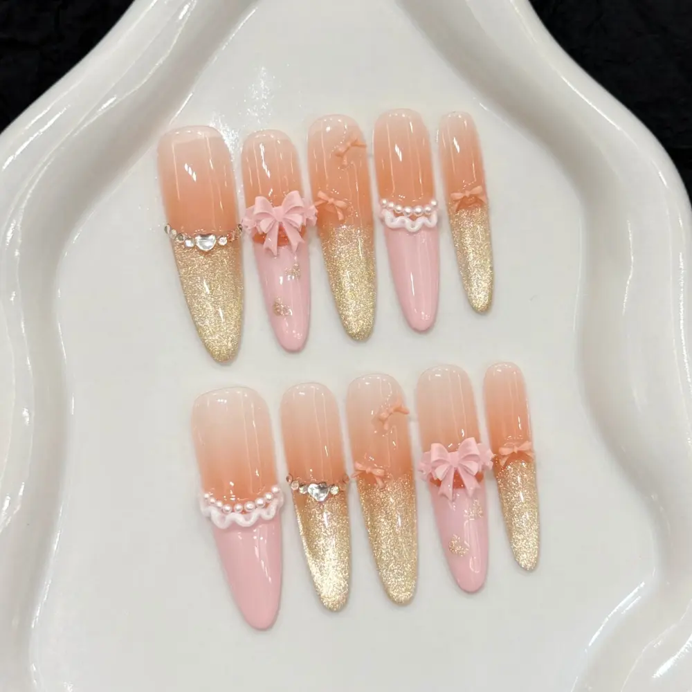10pcs 🌸 Romantic Nude Pink – 10pcs Handmade Coffin Press-On Nails | Diamond & Pearl 3D Floral Design, Elegant French Style ✨💎 - Image 5