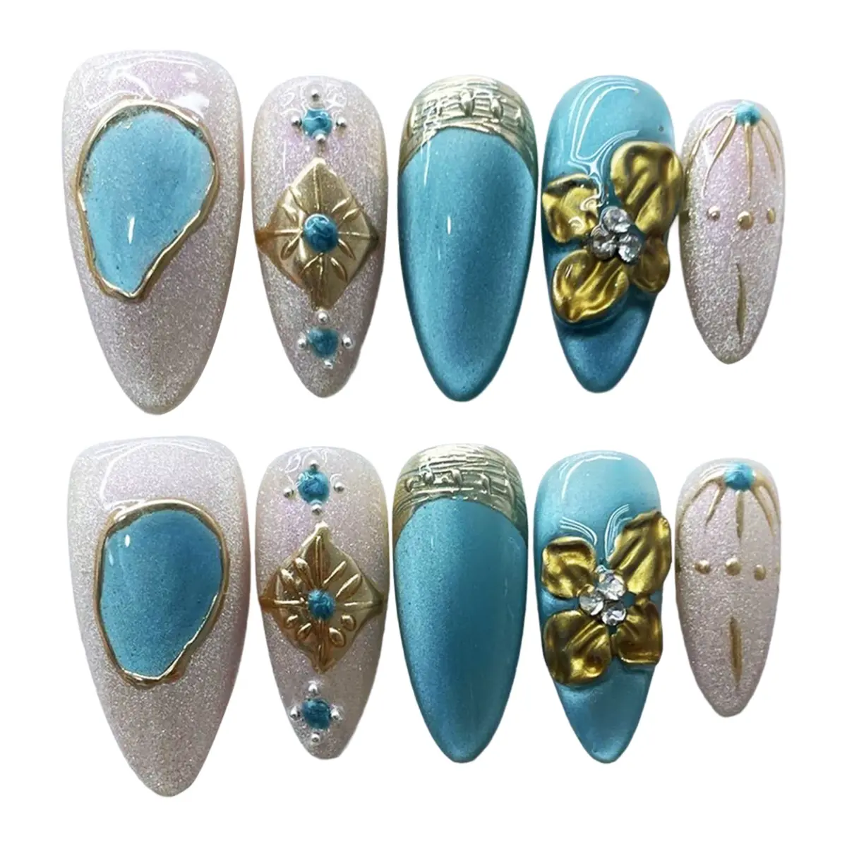 10PCS Golden Mocha Bloom – Luxury Almond Press-On Nails | Handmade Brown Cat-Eye with 3D Floral & Pearl Accents, Long Oval Reusable Set - Image 16
