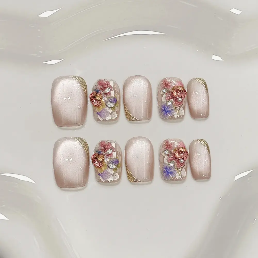 10Pcs ✨ Pearl Ballet – Luxury Short Press-On Nails | Handmade Nude Cat-Eye with Quilted & Rhinestone Accents, Reusable Elegant Set ✨ - Image 3