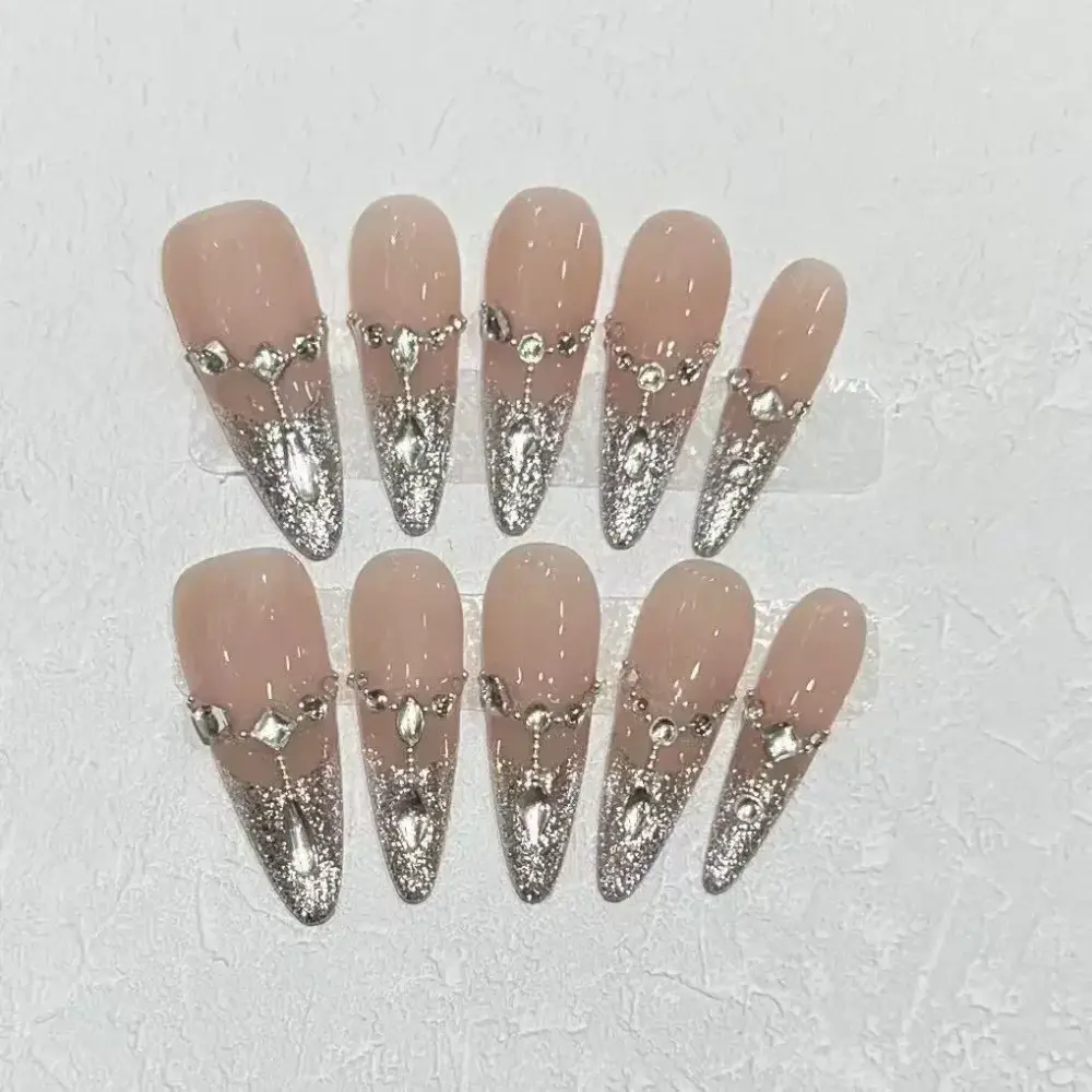 10Pcs ✨ Crystal Veil – Luxury Rhinestone Press-On Nails | Handmade Long Almond Nude Pink Reusable Nail Art ✨ - Image 2