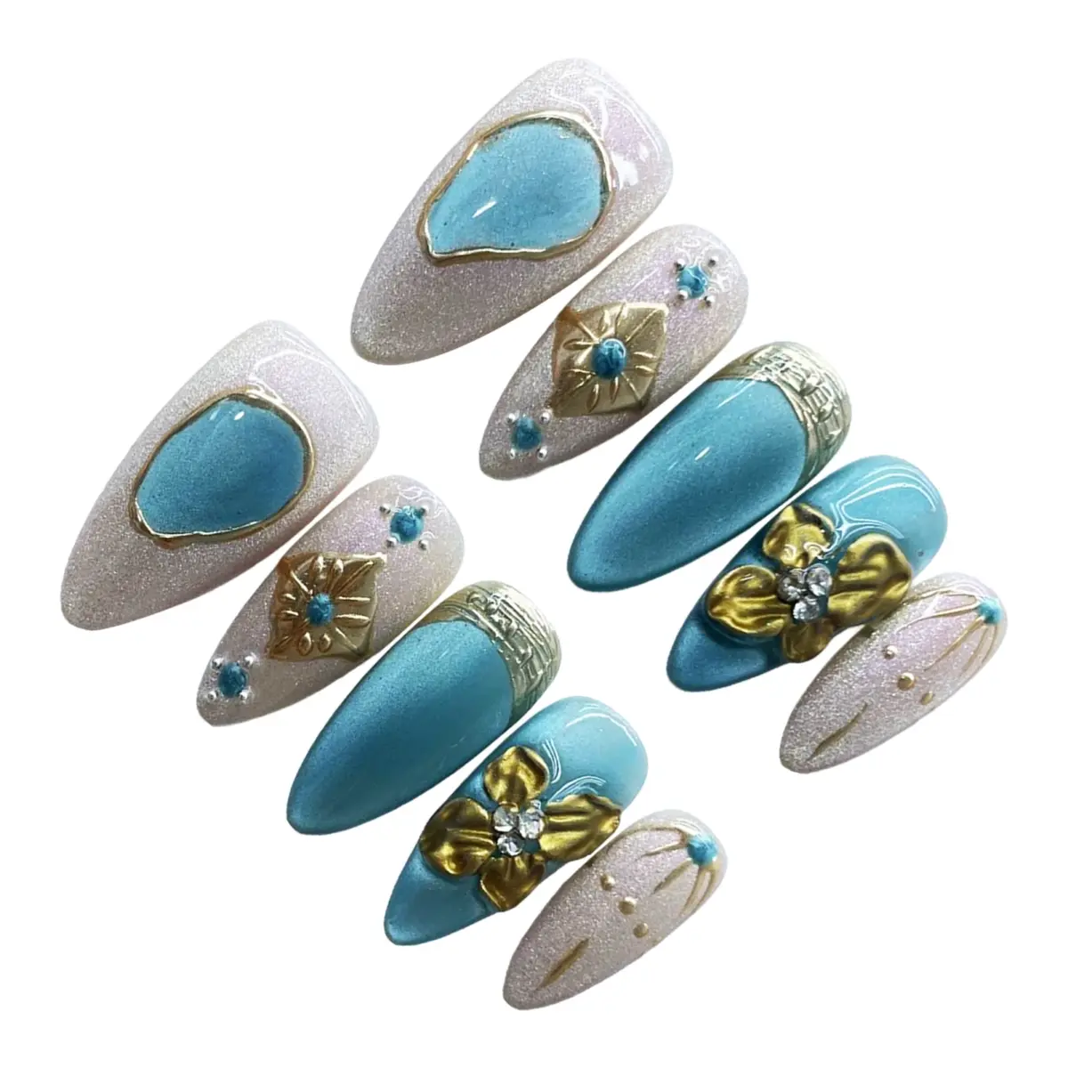 10PCS Golden Mocha Bloom – Luxury Almond Press-On Nails | Handmade Brown Cat-Eye with 3D Floral & Pearl Accents, Long Oval Reusable Set - Image 15