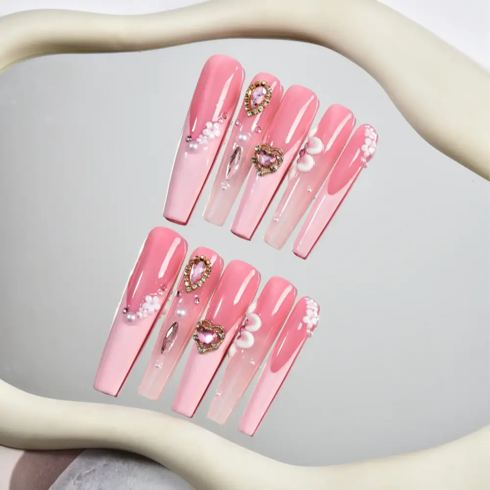 10Pcs ✨ Pink Stardust – Luxury Coffin Press-On Nails | Handmade Long Glitter Pink with Rhinestone & Bow Accents, Reusable Party Set ✨ - Image 2