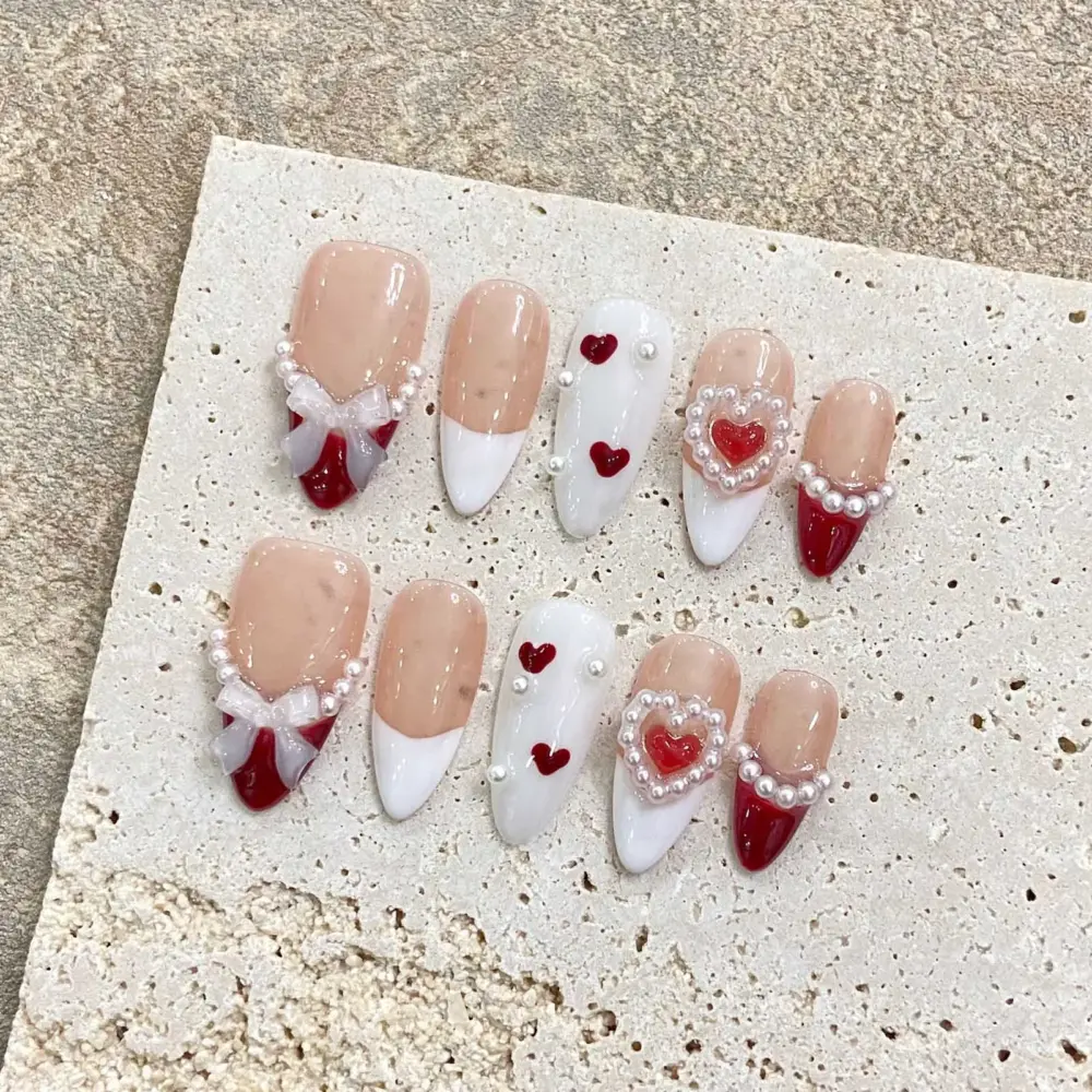 10pcs ✨ Noir Amour – Handmade Luxury Press-On Nails | Long Ballerina Coffin Pink & Black Heart Design with 3D Bows ✨ - Image 2