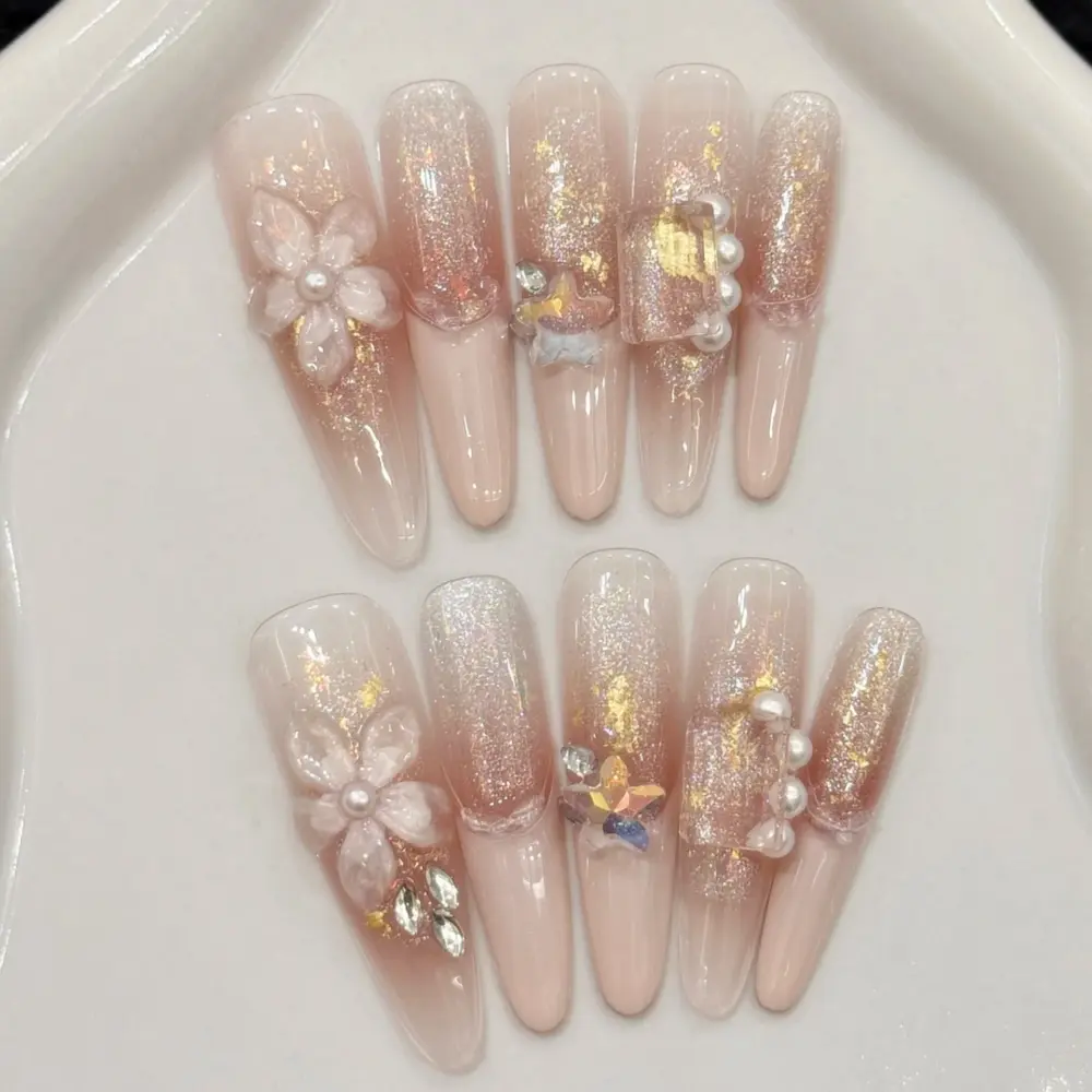 10pcs 🌸 Romantic Nude Pink – 10pcs Handmade Coffin Press-On Nails | Diamond & Pearl 3D Floral Design, Elegant French Style ✨💎 - Image 3