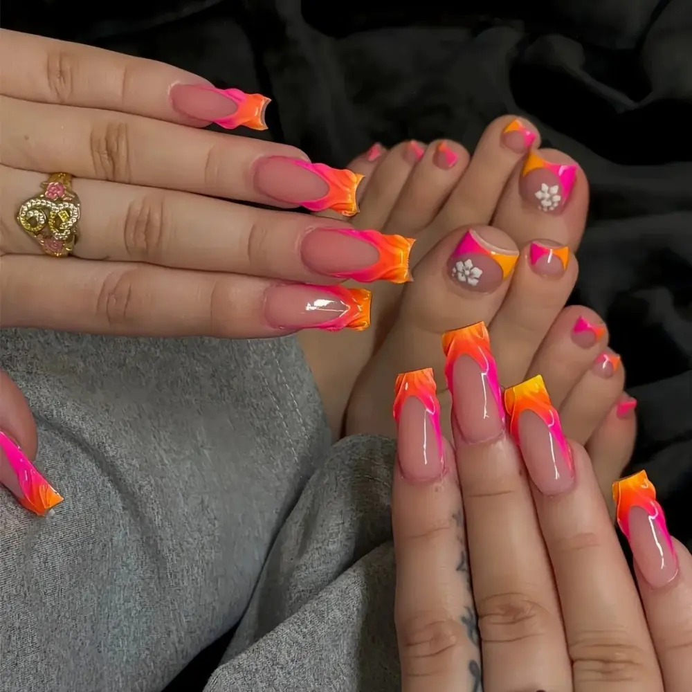 10 pcs🔥 French Tip Neon Sunset – 48pcs Press-On Set Uñas Postizas | Rosa & Naranja Degradado con Decoración 3D 🌅💖 - Image 2