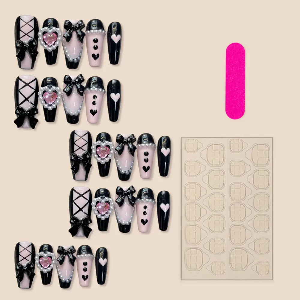 10pcs ✨ Noir Amour – Handmade Luxury Press-On Nails | Long Ballerina Coffin Pink & Black Heart Design with 3D Bows ✨ - Image 5
