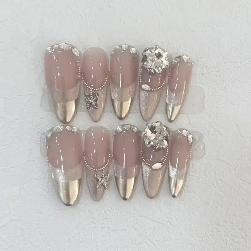 10Pcs ✨ Crystal Veil – Luxury Rhinestone Press-On Nails | Handmade Long Almond Nude Pink Reusable Nail Art ✨ - Image 4