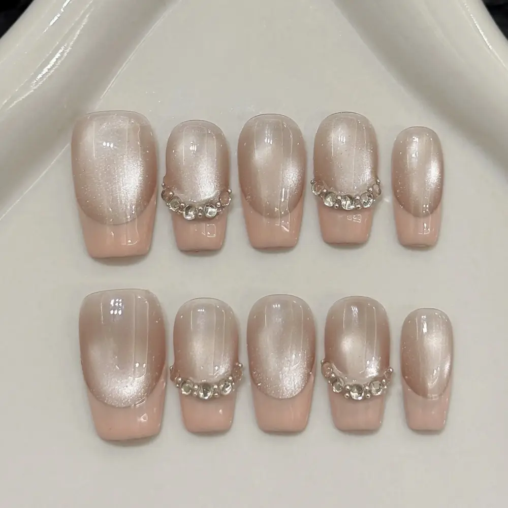 10pcs ✨ Crystal Elegance – Handmade Medium Coffin Press-On Nails | Pink & Yellow French Tips with Glitter Rhinestones, Luxury Party Set ✨ - Image 5