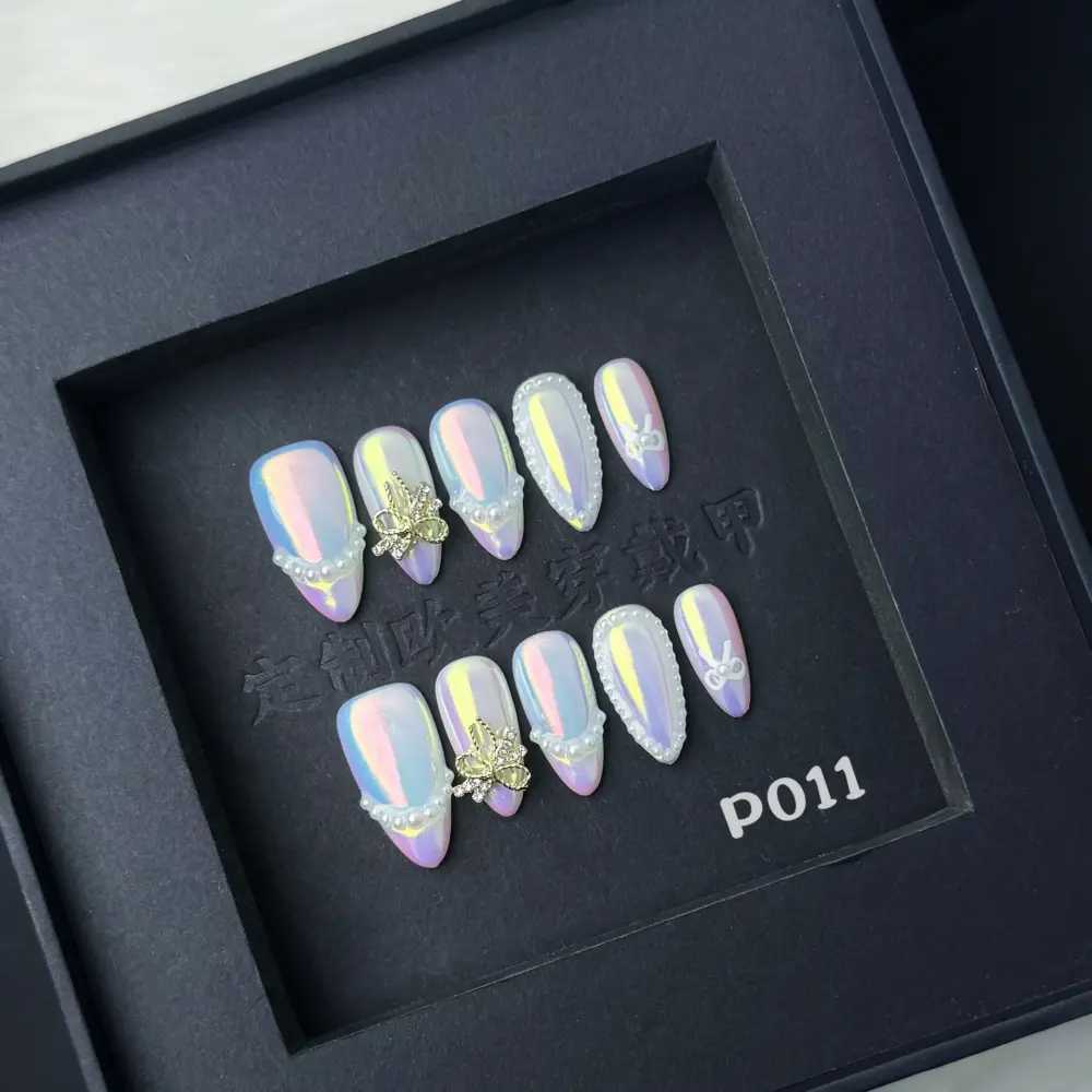 10pcs ✨ Golden Éclat – Luxury French Almond Press-On Nails | Handmade Nude with Metallic White Edge & 3D Floral Accents, Reusable Elegant Set ✨ - Image 5