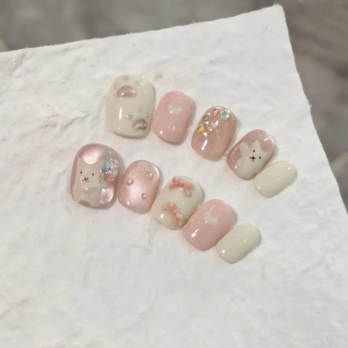 10Pcs ✨ Velvet Purrluxe – Handmade Luxury Press-On Nails | Short Square Pink & Ivory Cat Bow Pearl Nails, Reusable & Detachable ✨ - Image 3