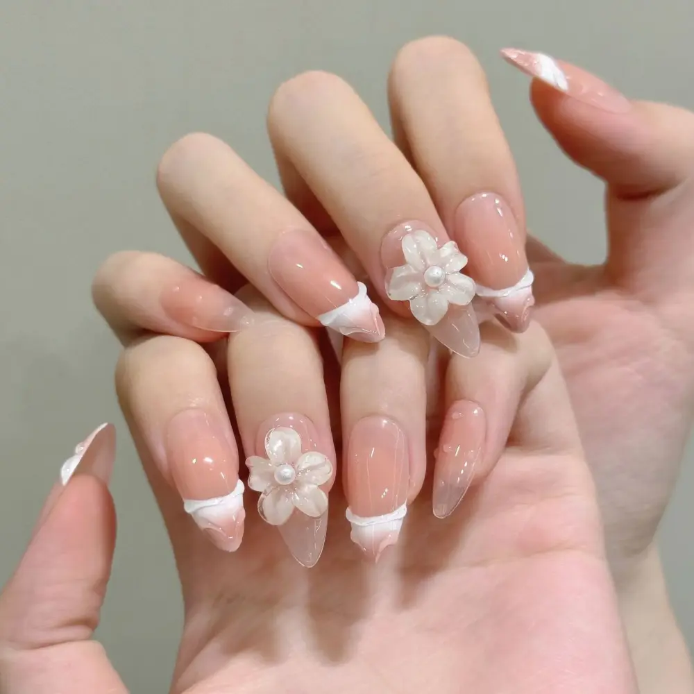 10pcs ✨ Blush Blossom – Luxury French Press-On Nails | Handmade Gradient Nude with 3D Carved Floral Accents, Elegant Reusable Set ✨ - Image 3