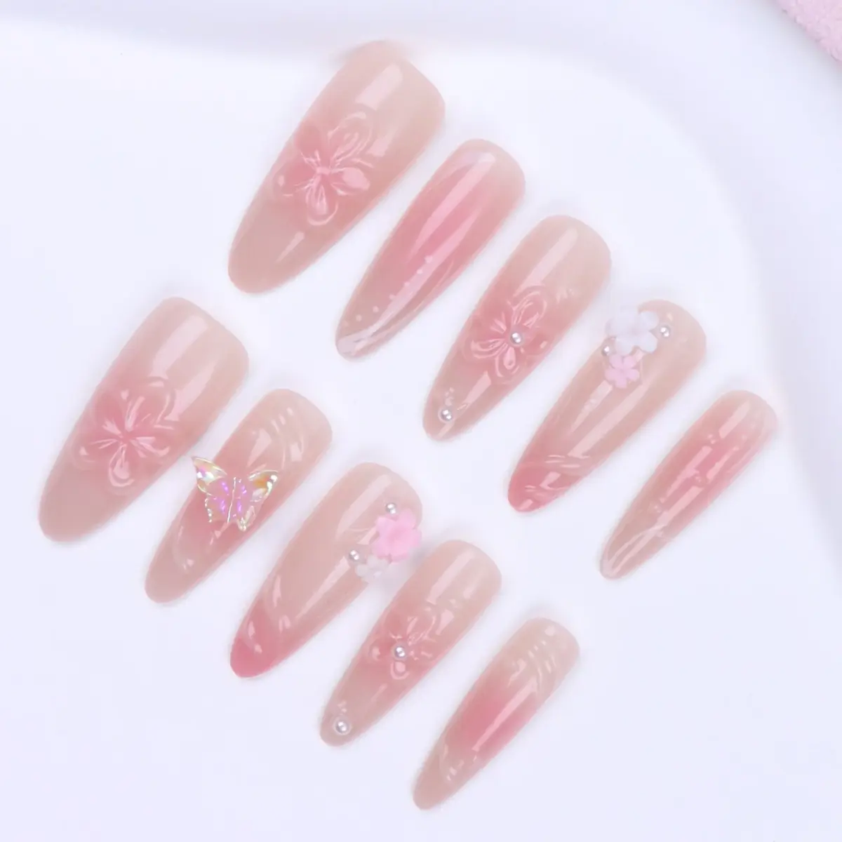 10PCS ✨ Rosé Allure – Luxury Stiletto Press-On Nails | Handmade Pink Floral 3D Embellished Long Reusable Acrylic Tips ✨ - Image 4