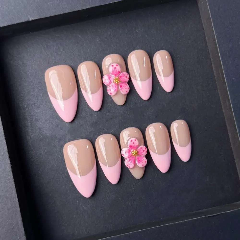 10pcs ✨ Blush Blossom – Luxury French Press-On Nails | Handmade Gradient Nude with 3D Carved Floral Accents, Elegant Reusable Set ✨ - Image 5