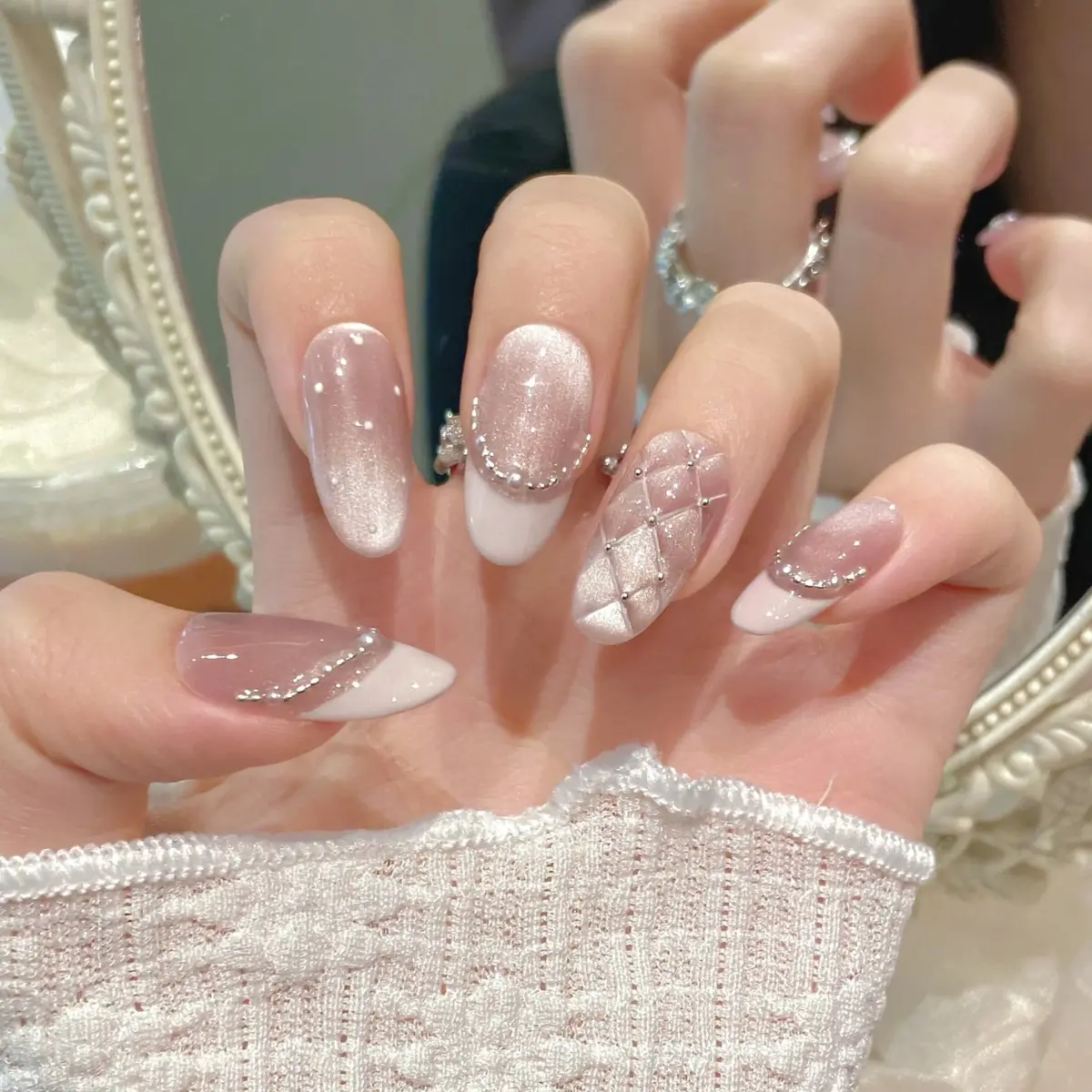 10pcs - Pearl Elegance – Short Square Press On Nails with Plaid & French Pearl Design – Handmade Acrylic Nail Tips - Image 12