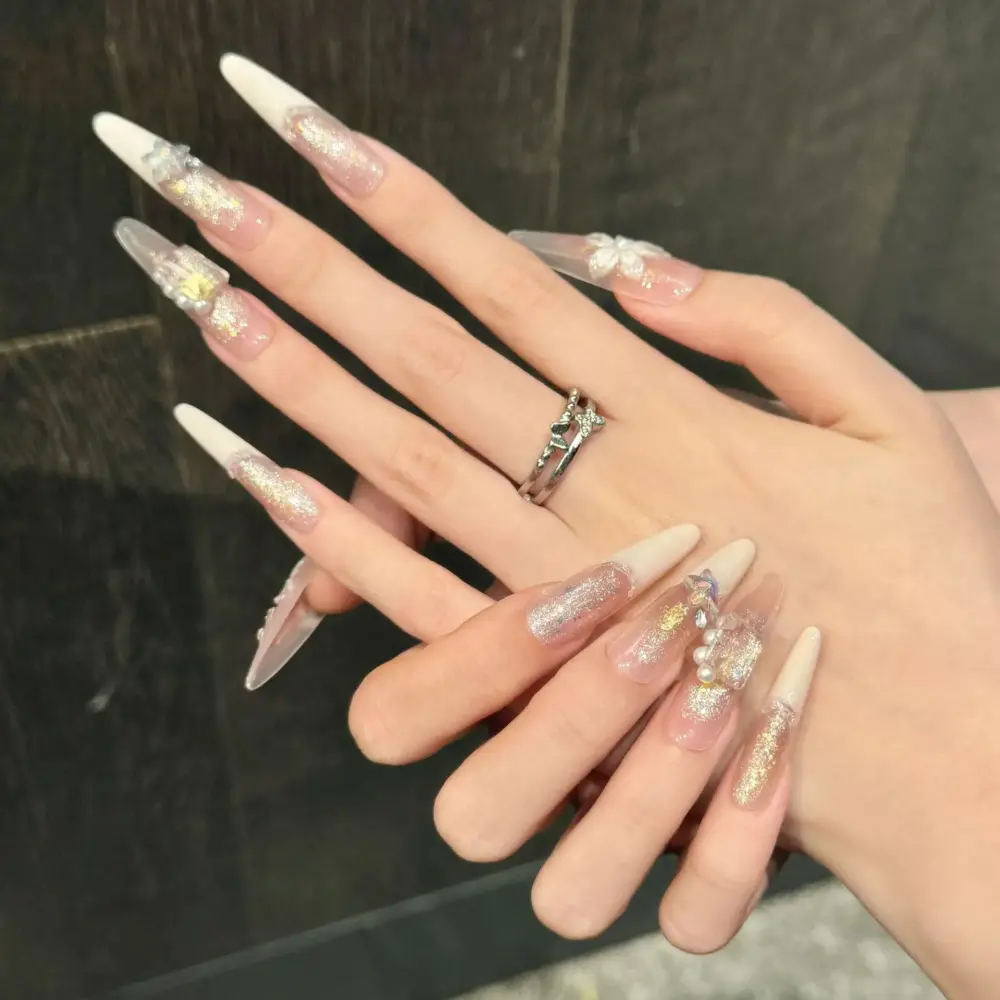 10pcs 🌸 Romantic Nude Pink – 10pcs Handmade Coffin Press-On Nails | Diamond & Pearl 3D Floral Design, Elegant French Style ✨💎 - Image 2