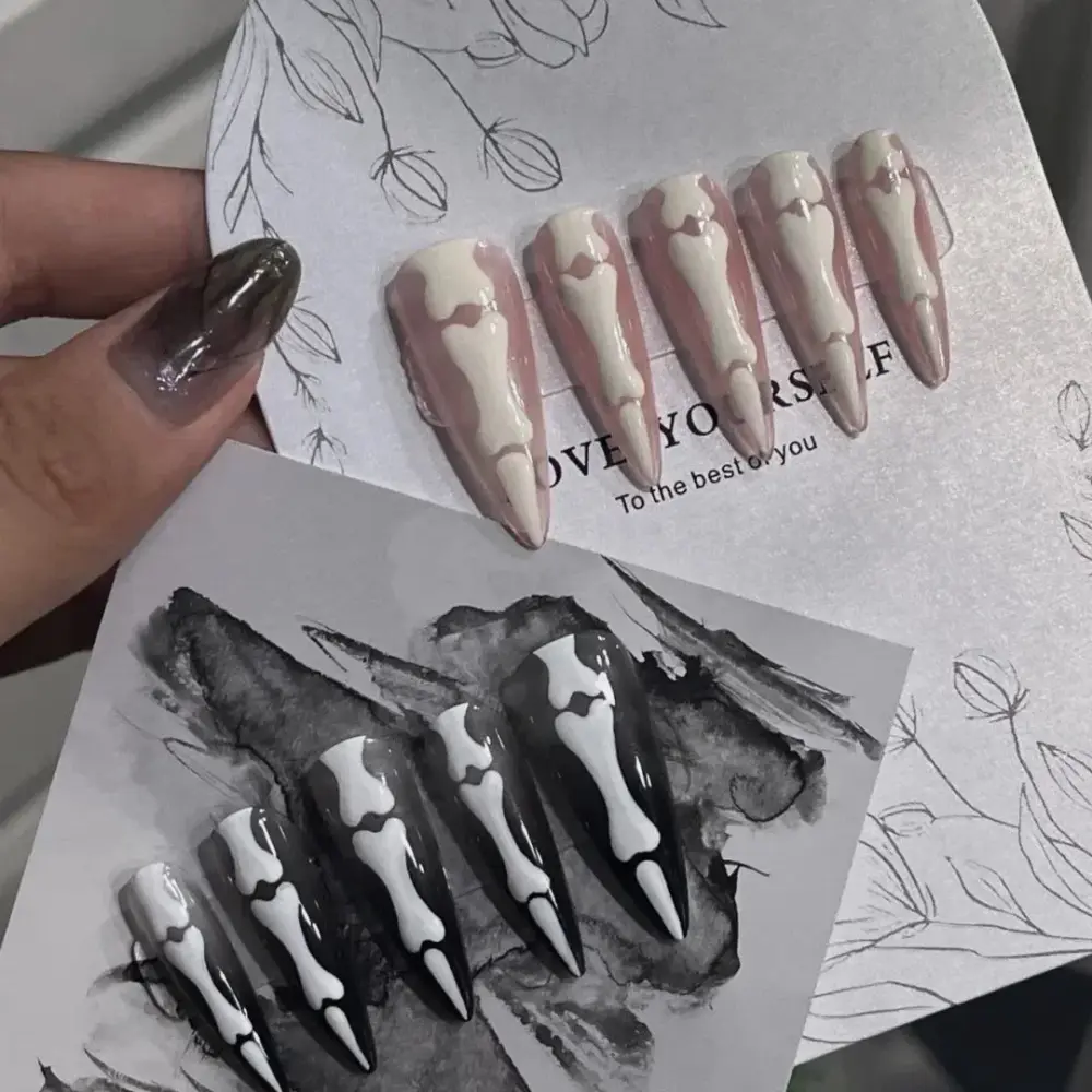 10pcs ✨ Midnight Bones – Gothic Press-On Nails | Handmade Long Almond Black & White Halloween Reusable Full Cover Nails ✨ - Image 2