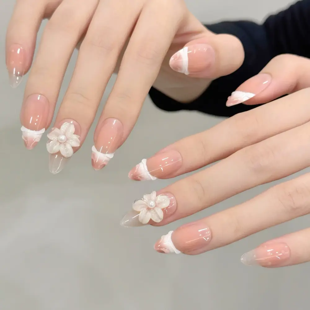 10pcs ✨ Blush Blossom – Luxury French Press-On Nails | Handmade Gradient Nude with 3D Carved Floral Accents, Elegant Reusable Set ✨ - Image 4