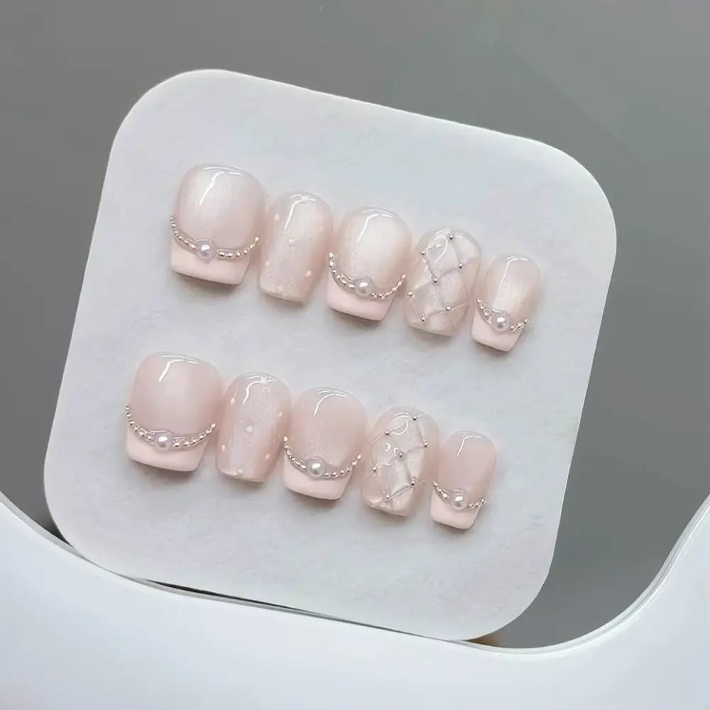 10pcs - Pearl Elegance – Short Square Press On Nails with Plaid & French Pearl Design – Handmade Acrylic Nail Tips - Image 3