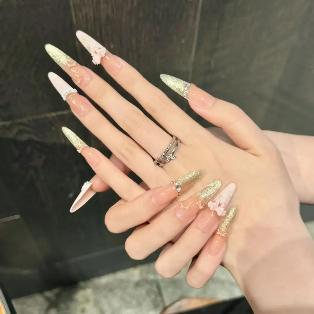 10pcs 🌸 Romantic Nude Pink – 10pcs Handmade Coffin Press-On Nails | Diamond & Pearl 3D Floral Design, Elegant French Style ✨💎 - Image 6