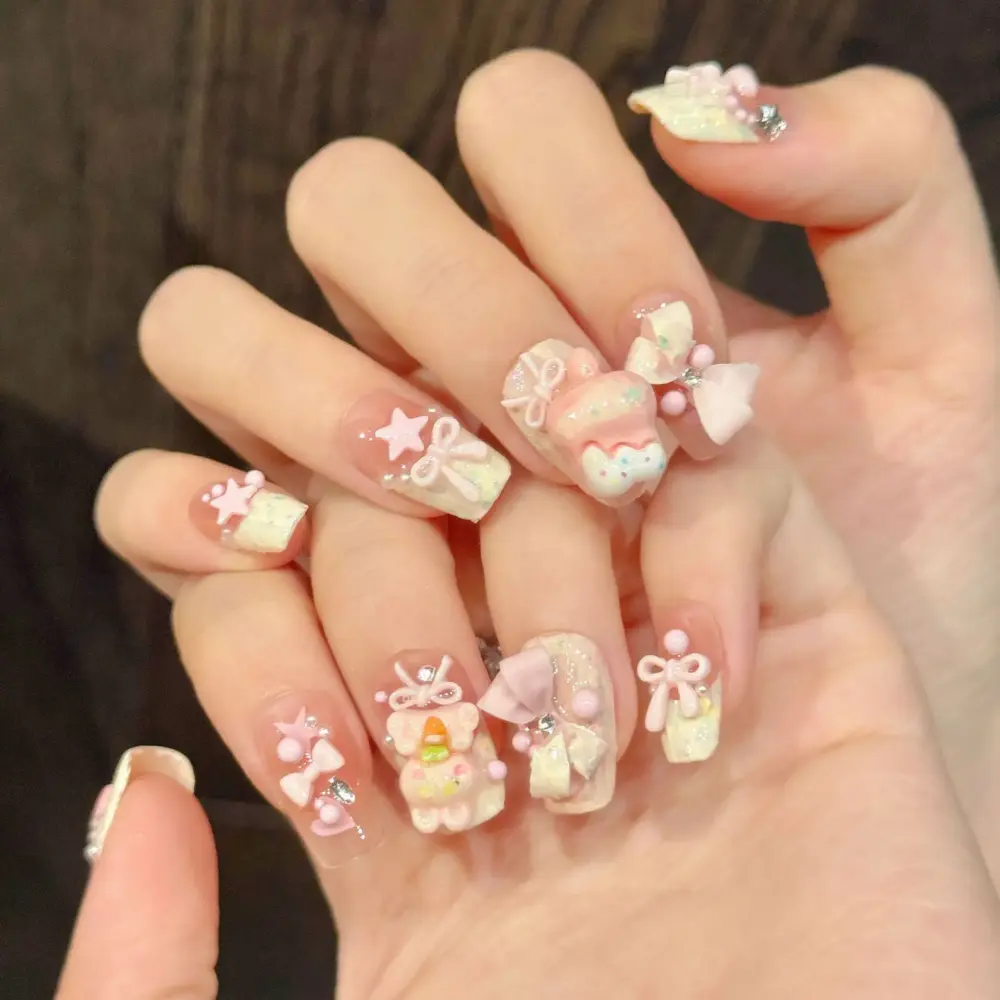 10pcs🍓 Sweet Bunny Dream – 10pcs Handmade Pink Press-On Nails | 3D Strawberry, Bows & Cute Rabbit Korean Nail Art 🐇✨ - Image 3