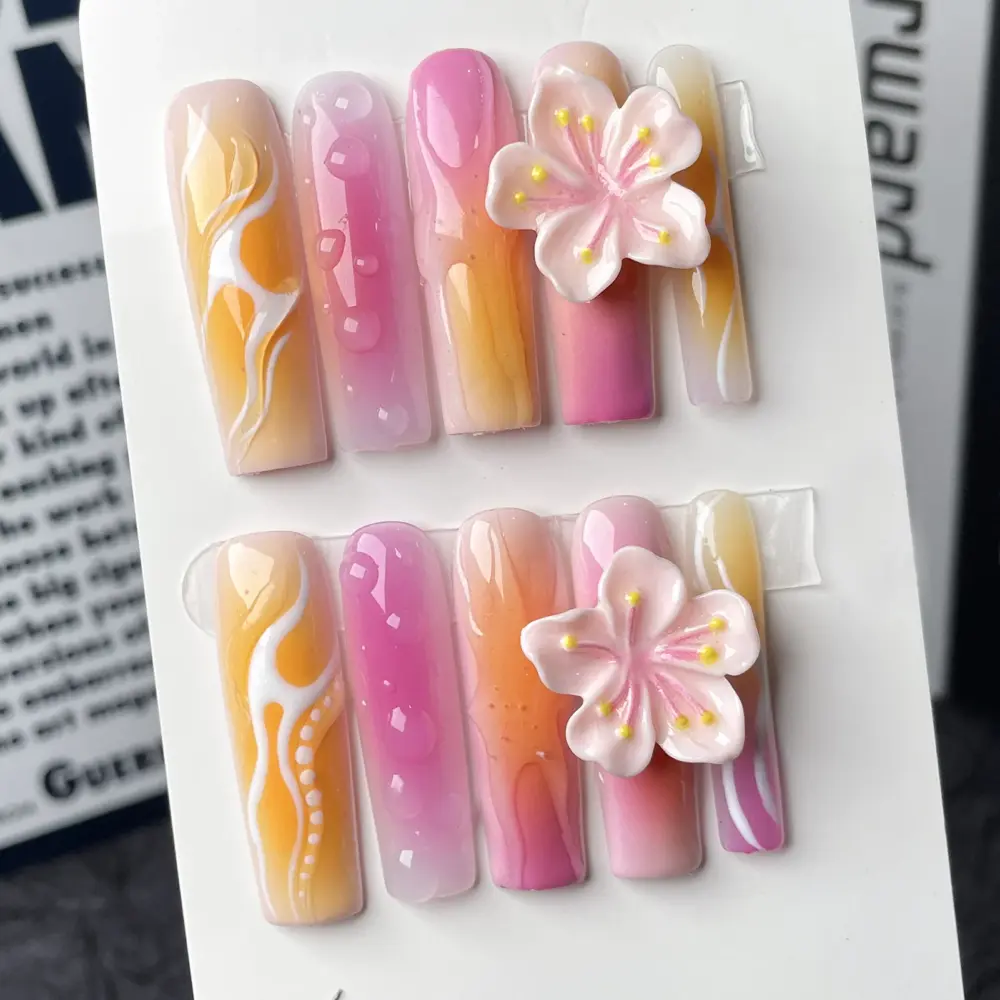 10pcs✨ Sunset Bloom  – Luxury Coffin Press-On Nails | Handmade Gradient Pink & Yellow with 3D Floral Accents, Long Reusable Acrylic Set ✨ - Image 2