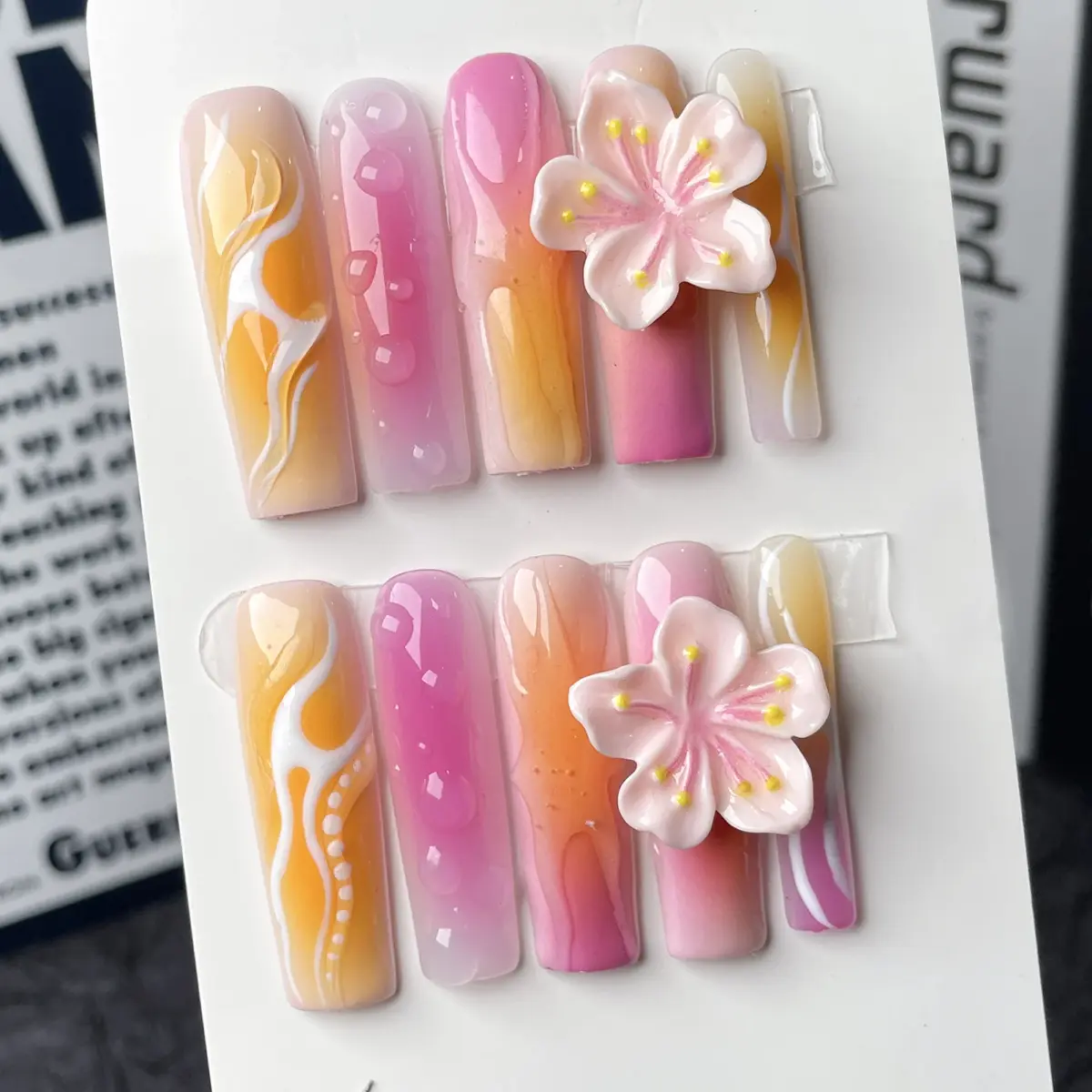 10pcs✨ Sunset Bloom  – Luxury Coffin Press-On Nails | Handmade Gradient Pink & Yellow with 3D Floral Accents, Long Reusable Acrylic Set ✨ - Image 2