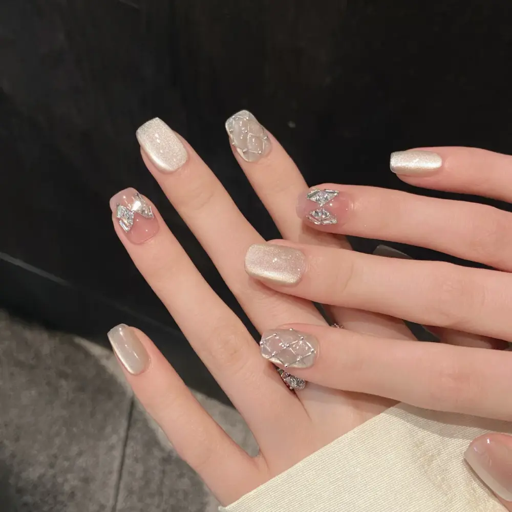 10Pcs ✨ Pearl Ballet – Luxury Short Press-On Nails | Handmade Nude Cat-Eye with Quilted & Rhinestone Accents, Reusable Elegant Set ✨ - Image 7