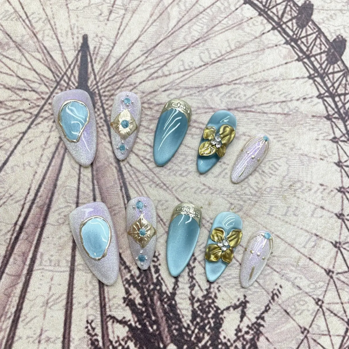 10PCS Golden Mocha Bloom – Luxury Almond Press-On Nails | Handmade Brown Cat-Eye with 3D Floral & Pearl Accents, Long Oval Reusable Set - Image 10