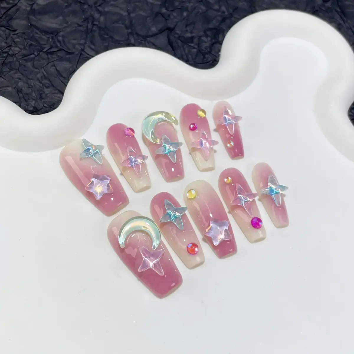 10Pcs Moonlit Tides – Long Ballerina Blue Press‑On Gel Nails with 3D Moon & Rhinestones | Nails Luxe - Image 9