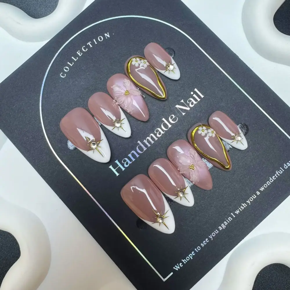 10pcs ✨ Golden Éclat – Luxury French Almond Press-On Nails | Handmade Nude with Metallic White Edge & 3D Floral Accents, Reusable Elegant Set ✨ - Image 4