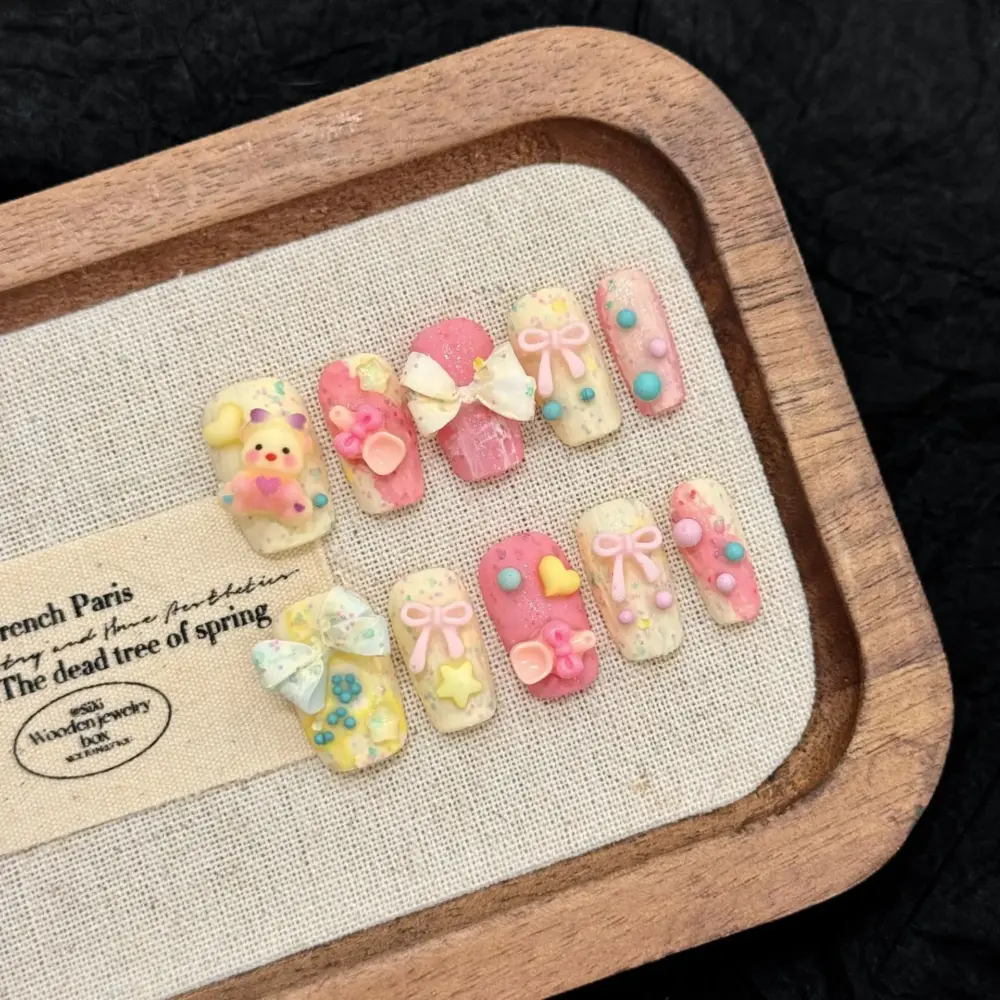 10pcs🍓 Sweet Bunny Dream – 10pcs Handmade Pink Press-On Nails | 3D Strawberry, Bows & Cute Rabbit Korean Nail Art 🐇✨ - Image 5
