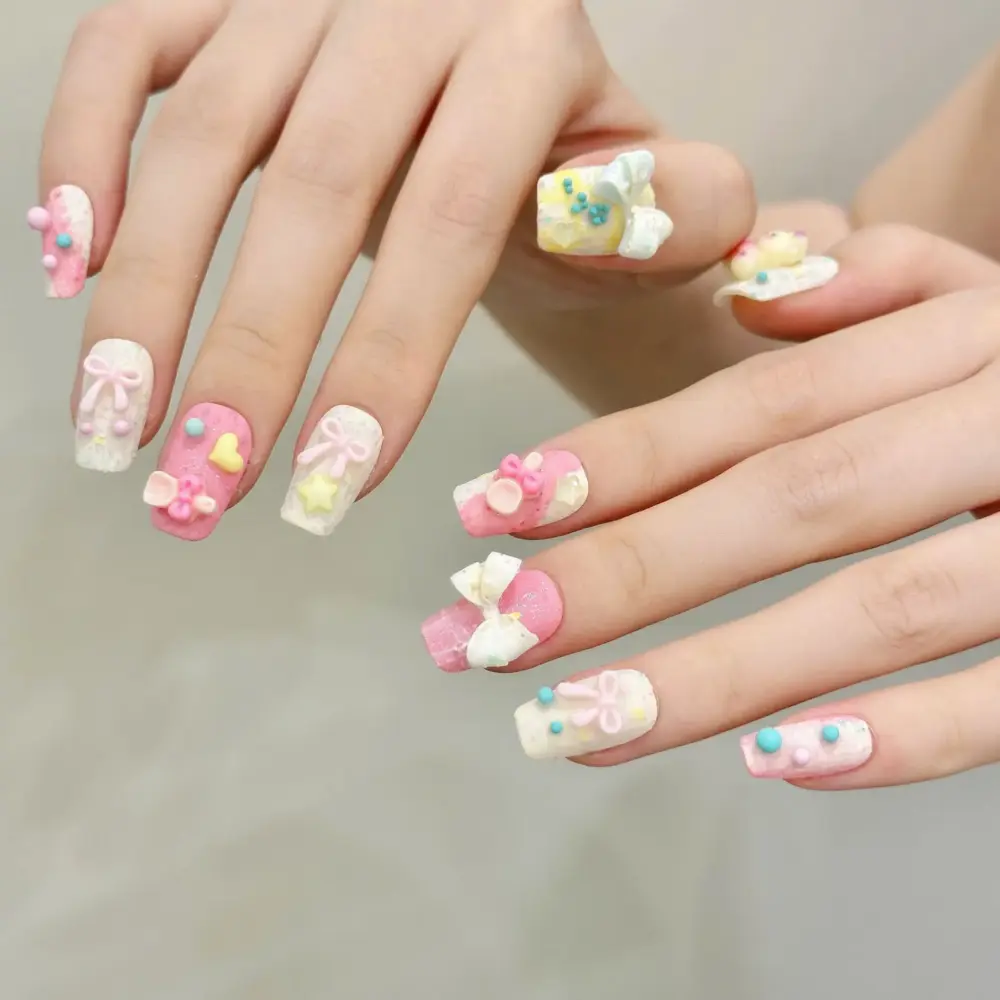 10pcs🍓 Sweet Bunny Dream – 10pcs Handmade Pink Press-On Nails | 3D Strawberry, Bows & Cute Rabbit Korean Nail Art 🐇✨ - Image 7