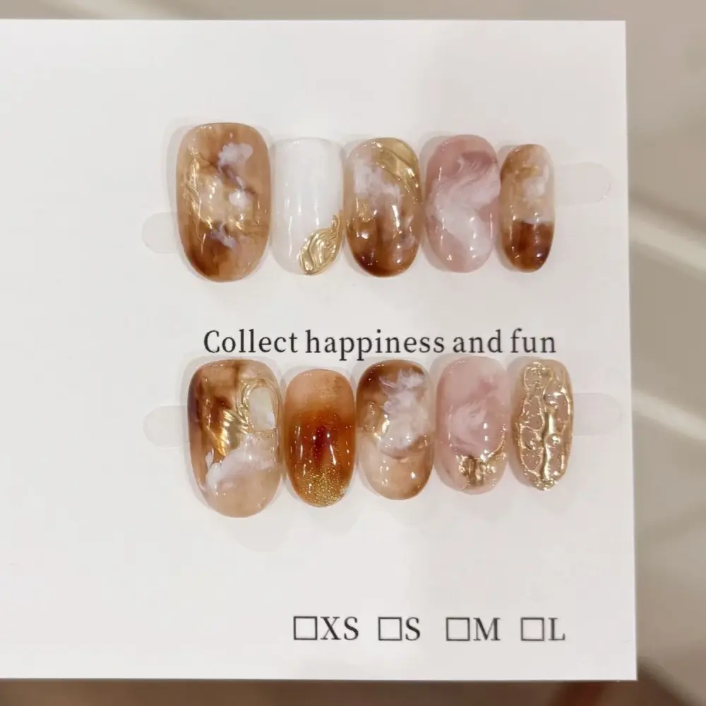 10Pcs✨ Golden Glow – Handmade Short Oval Press-On Nails | Cat Eye Effect, Gold Foil & Nude Gradient, Reusable Nail Art Set ✨ - Image 2