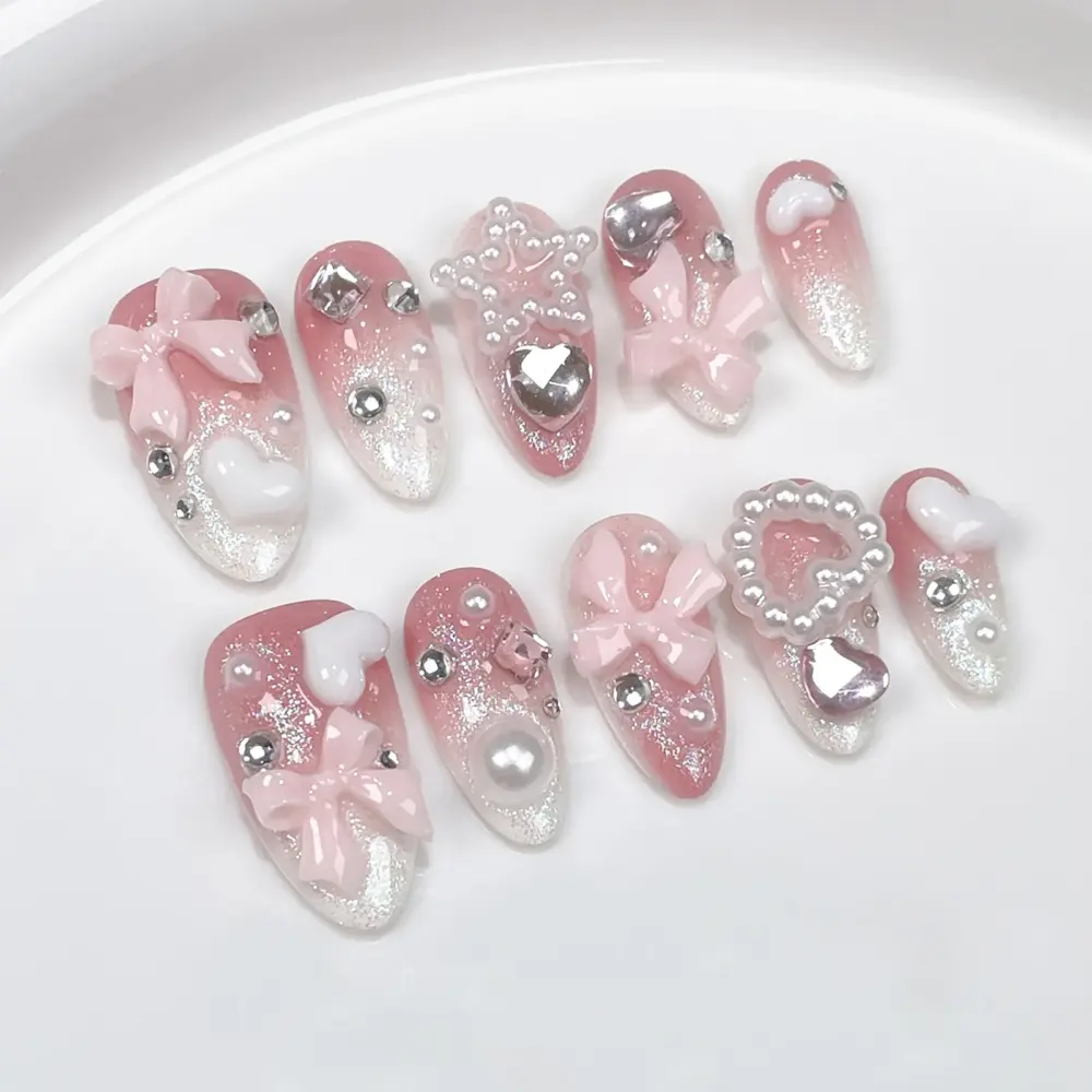 10pcs ✨ Noir Amour – Handmade Luxury Press-On Nails | Long Ballerina Coffin Pink & Black Heart Design with 3D Bows ✨ - Image 7