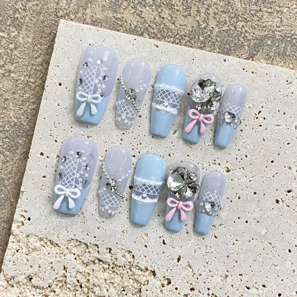 10pcs ✨ Noir Amour – Handmade Luxury Press-On Nails | Long Ballerina Coffin Pink & Black Heart Design with 3D Bows ✨ - Image 8