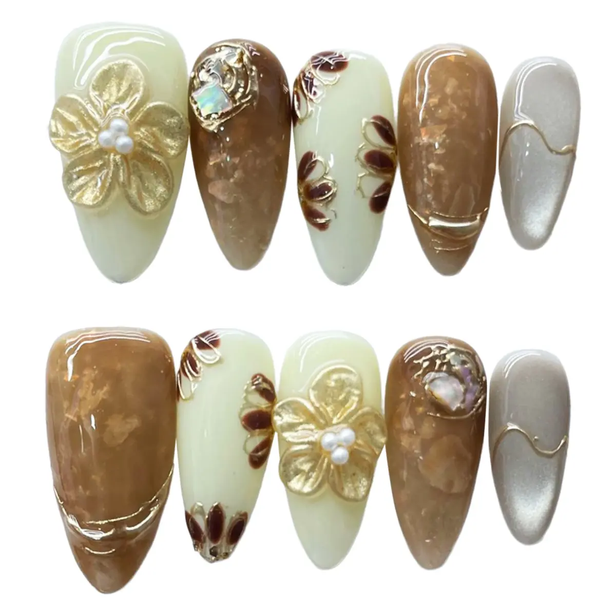 10PCS Golden Mocha Bloom – Luxury Almond Press-On Nails | Handmade Brown Cat-Eye with 3D Floral & Pearl Accents, Long Oval Reusable Set - Image 5