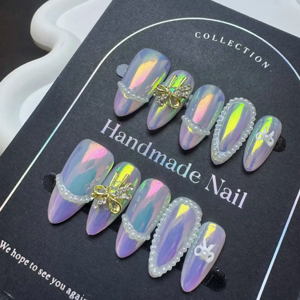 10pcs ✨ Golden Éclat – Luxury French Almond Press-On Nails | Handmade Nude with Metallic White Edge & 3D Floral Accents, Reusable Elegant Set ✨ - Image 6