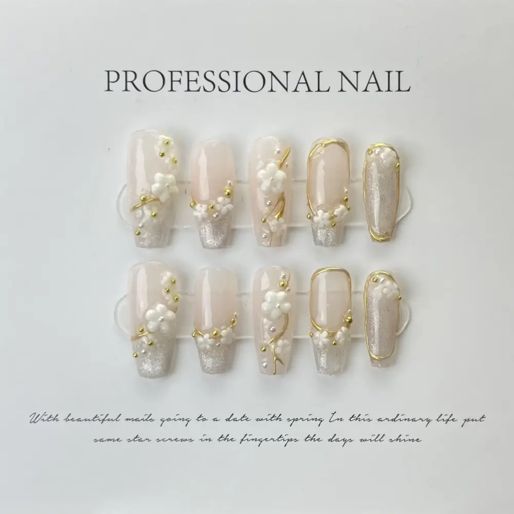 10pc ✨ Parisian Charm – Luxury French Press-On Nails | Handmade Long Ballet with Cute Bear & Diamond Accents, Reusable Full Cover Set ✨ - Image 7