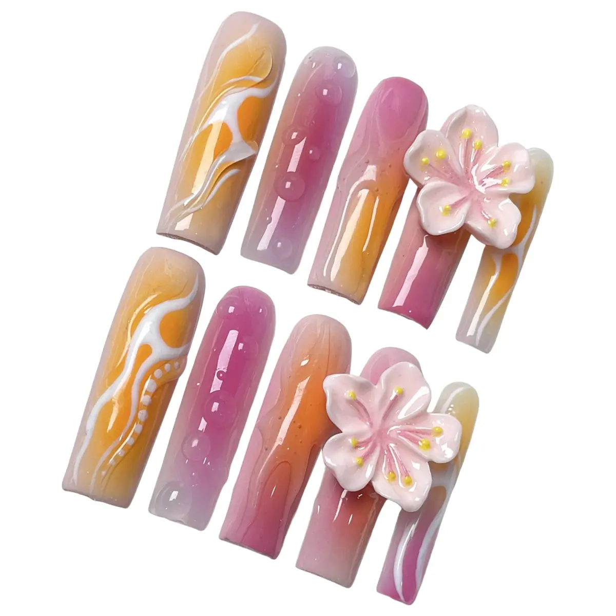 10pcs✨ Sunset Bloom  – Luxury Coffin Press-On Nails | Handmade Gradient Pink & Yellow with 3D Floral Accents, Long Reusable Acrylic Set ✨ - Image 3