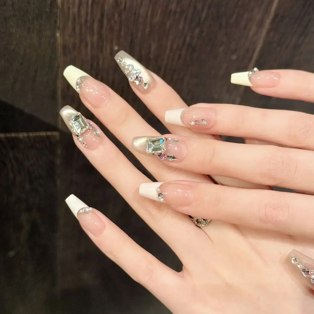 10pcs ✨ Crystal Elegance – Handmade Medium Coffin Press-On Nails | Pink & Yellow French Tips with Glitter Rhinestones, Luxury Party Set ✨ - Image 3