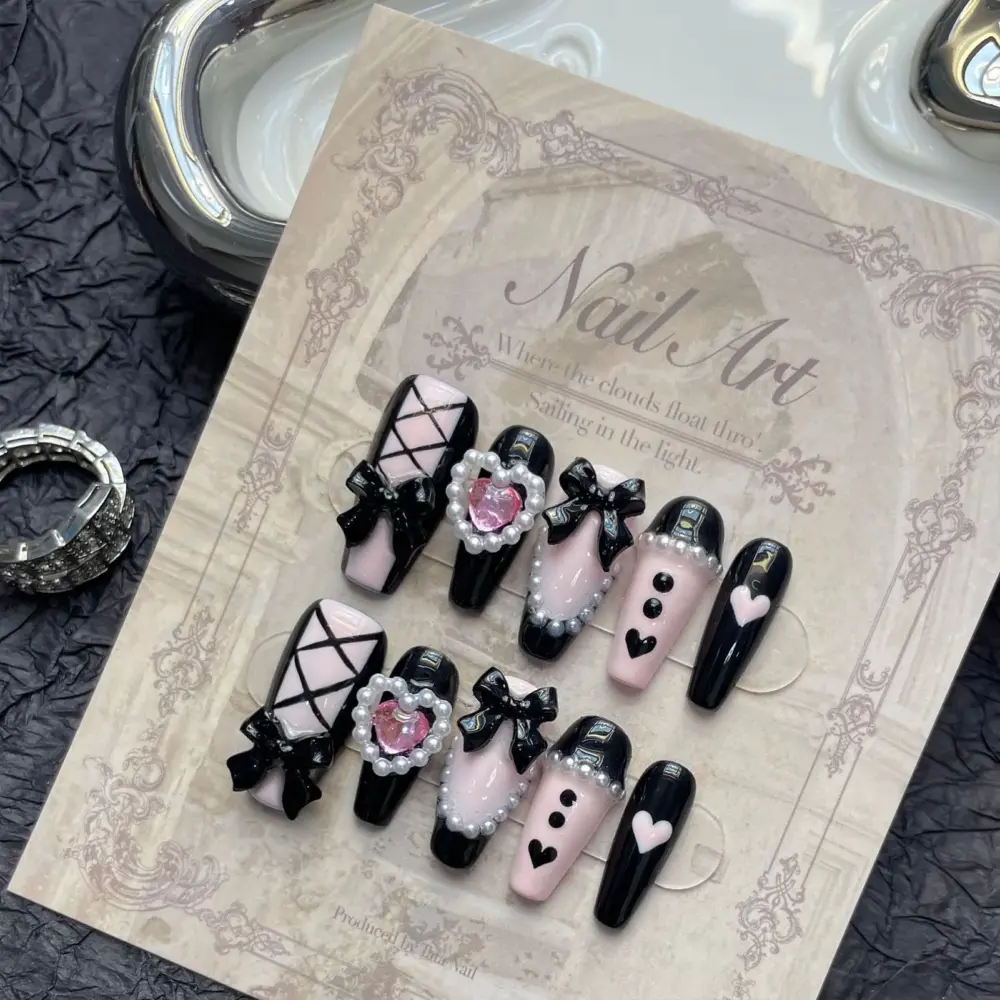 10pcs ✨ Noir Amour – Handmade Luxury Press-On Nails | Long Ballerina Coffin Pink & Black Heart Design with 3D Bows ✨ - Image 3
