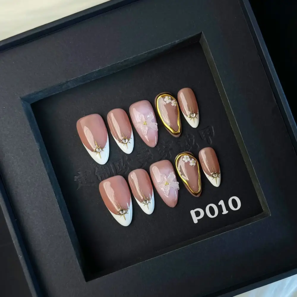 10pcs ✨ Golden Éclat – Luxury French Almond Press-On Nails | Handmade Nude with Metallic White Edge & 3D Floral Accents, Reusable Elegant Set ✨ - Image 2