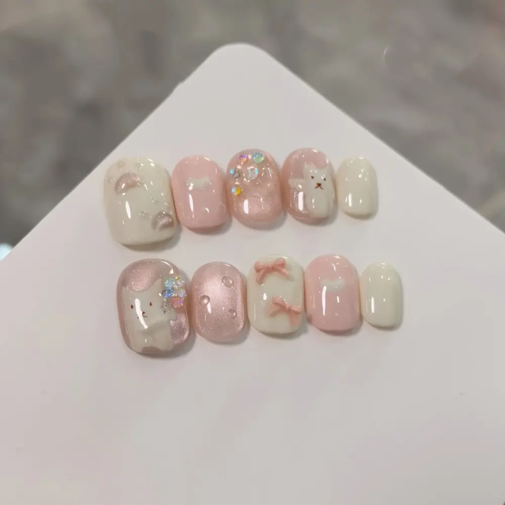 10Pcs ✨ Velvet Purrluxe – Handmade Luxury Press-On Nails | Short Square Pink & Ivory Cat Bow Pearl Nails, Reusable & Detachable ✨ - Image 2