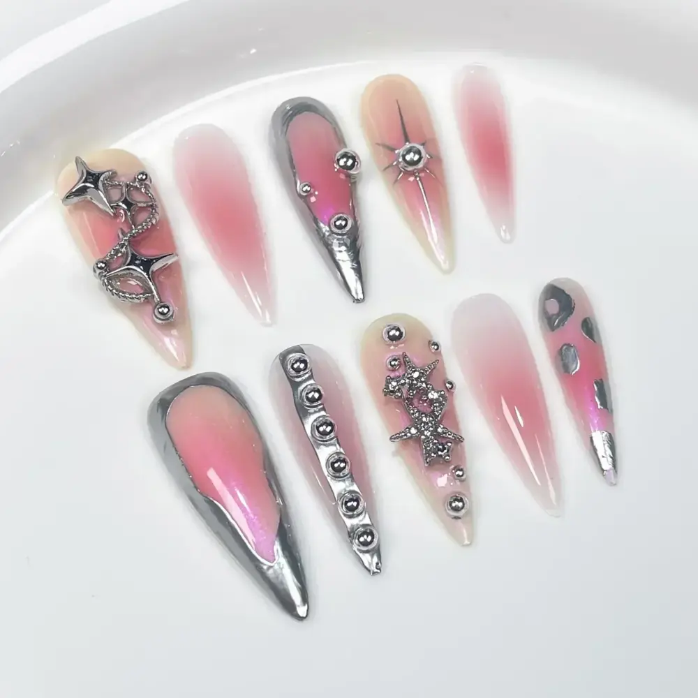 10Pcs 🦋 Mystic Silver Butterflies – 10pcs Handmade Long Almond Press-On Nails | Purple Cat-Eye Base with 3D Metallic Butterfly Charms ✨💜 - Image 3